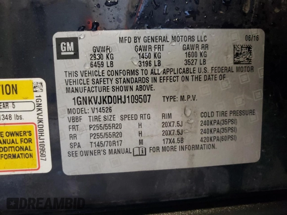 2017 Chevrolet Traverse Premier with VIN 1GNKVJKD0HJ109507, listed as a Copart auction lot 48711955 with 168,213 mi miles and Non Repairable. Bid and sale history available at DreamBid. Image 13.