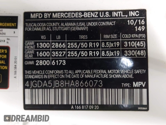 2017 Mercedes-Benz GLE 350 with VIN 4JGDA5JB8HA866073, listed as a IAAI auction lot 42394019 with 159,034 mi miles and . Bid and sale history available at DreamBid. Image 9.