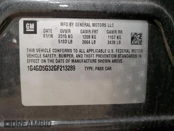 2016 Buick LaCrosse Premium I with VIN 1G4GD5G32GF213289, listed as a Copart auction lot 52168625 with 118,889 mi miles and Non repairable. Bid and sale history available at DreamBid. Image 14.