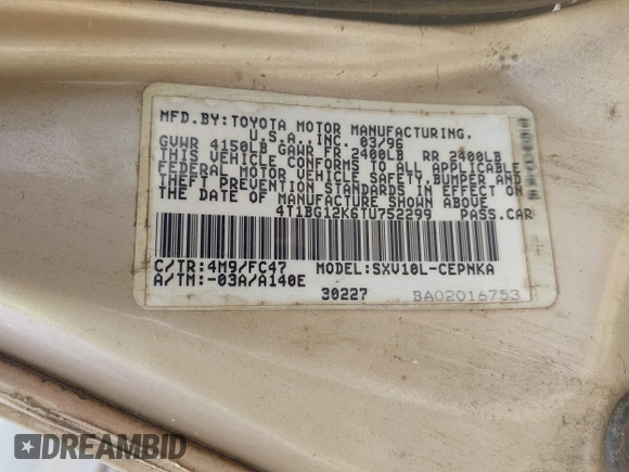 1996 Toyota Camry DX z VIN 4T1BG12K6TU752299, wystawiony jako IAAI lot #42239717 z przebiegiem 365 814 mil mil oraz . Historia ofert i sprzedaży dostępna na DreamBid. Obrazek 9.