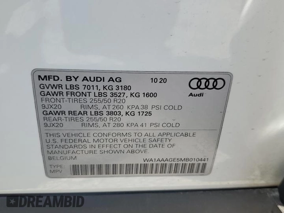 2021 Audi e-tron Premium z VIN WA1AAAGE5MB010441, wystawiony jako Copart lot #56303714 z przebiegiem 30 441 mil mil oraz . Historia ofert i sprzedaży dostępna na DreamBid. Obrazek 14.