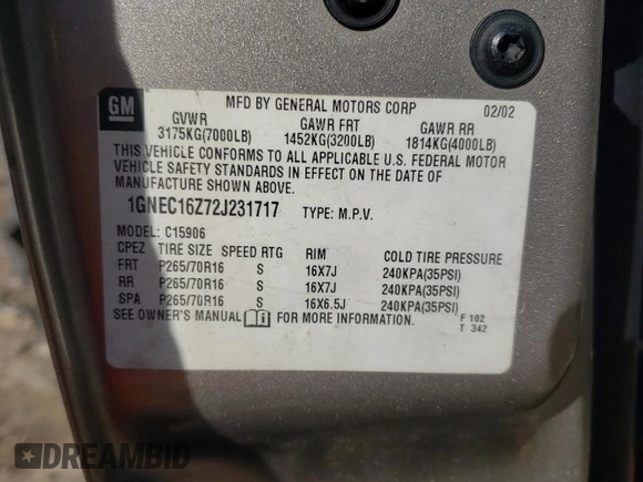 2002 Chevrolet Suburban LT with VIN 1GNEC16Z72J231717, listed as a Copart auction lot 86691164 with 360,491 mi miles and Salvage Title. Bid and sale history available at carsss.com. Image 16.
