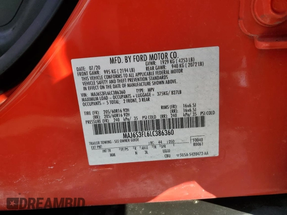 2020 Ford EcoSport S with VIN MAJ6S3FL6LC386360, listed as a Copart auction lot 88342265 with 79,883 mi miles and Salvage Title. Bid and sale history available at DreamBid. Image 14.