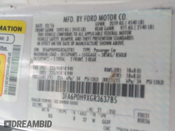 2016 Ford Fusion SE with VIN 3FA6P0H9XGR363785, listed as a IAAI auction lot 42312744 with 151,919 mi miles and . Bid and sale history available at DreamBid. Image 9.