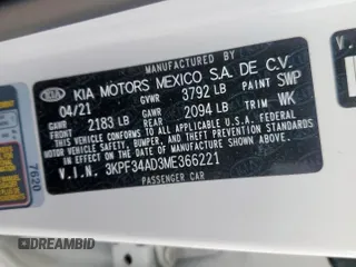 2021 Kia Forte GT-Line with VIN 3KPF34AD3ME366221, listed as a Copart auction lot 57614775 with 45,738 mi miles and Clean title. Bid and sale history available at DreamBid. Image 12.