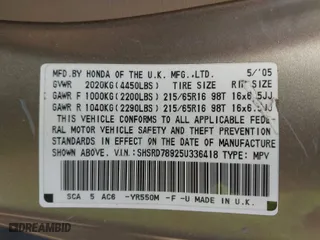 2005 Honda CR-V EX SE with VIN SHSRD78925U336418, listed as a IAAI auction lot 41783345 with 261,828 mi miles. Bid and sale history available at carsss.com. Image 9.