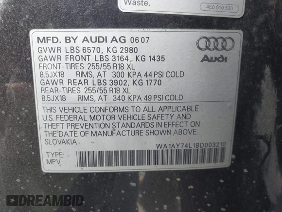 2008 Audi Q7 3.6L with VIN WA1AY74L18D003210, listed as a IAAI auction lot 41770931 with 162,360 mi miles. Bid and sale history available at carsss.com. Image 9.