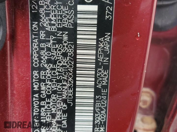 2004 Toyota Camry LE z VIN JTDBE32KX40273821, wystawiony jako Copart lot #58938275 z przebiegiem 153 096 mil mil oraz Szkoda całkowita • Salvage title. Historia ofert i sprzedaży dostępna na DreamBid. Obrazek 12.