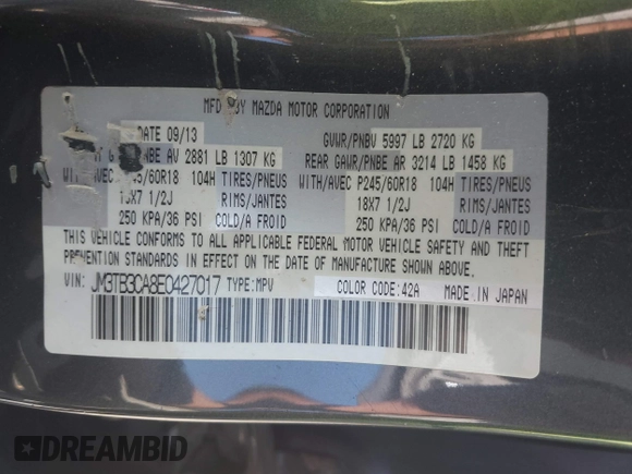 2014 Mazda CX-9 Touring with VIN JM3TB3CA8E0427017, listed as a IAAI auction lot 41875918 with 116,604 mi miles. Bid and sale history available at carsss.com. Image 9.