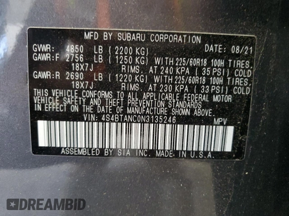 2022 Subaru Outback Limited with VIN 4S4BTANC0N3135246, listed as a Copart auction lot 63463585 with 45,611 mi miles and Salvage title. Bid and sale history available at DreamBid. Image 14.