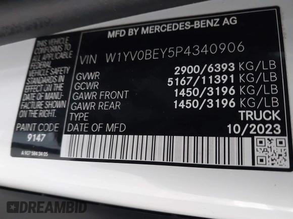 2023 Mercedes-Benz Metris Cargo with VIN W1YV0BEY5P4340906, listed as a IAAI auction lot 41153285 with 7,637 mi miles and . Bid and sale history available at DreamBid. Image 9.