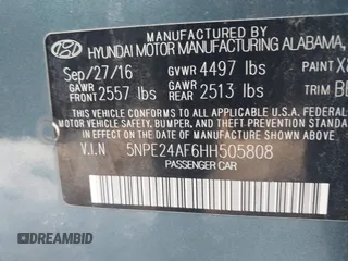 2017 Hyundai Sonata 2.4L with VIN 5NPE24AF6HH505808, listed as a IAAI auction lot 41890430 with 78,425 mi miles and . Bid and sale history available at DreamBid. Image 9.