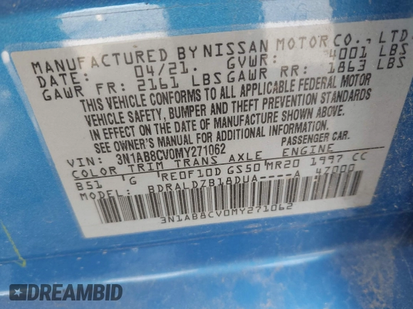 2021 Nissan Sentra SV with VIN 3N1AB8CV0MY271062, listed as a IAAI auction lot 42191931 with 65,999 mi miles and . Bid and sale history available at DreamBid. Image 9.