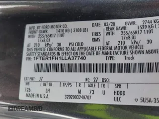 2020 Ford Ranger XL with VIN 1FTER1FH1LLA37740, listed as a IAAI auction lot 41310217 with 64,309 mi miles. Bid and sale history available at carsss.com. Image 9.