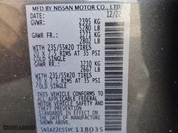 2023 Nissan Murano SL with VIN 5N1AZ2CS5PC118035, listed as a Copart auction lot 48243235 with 20,447 mi miles and Salvage Title. Bid and sale history available at carsss.com. Image 15.