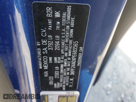 2023 Kia Forte LXS with VIN 3KPF24ADXPE683565, listed as a Copart auction lot 78287284 with 22,492 mi miles and Salvage Title. Bid and sale history available at carsss.com. Image 12.