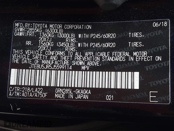 2018 Toyota 4Runner SR5 with VIN JTEBU5JR5J5599114, listed as a IAAI auction lot 42086700 with 111,376 mi miles and . Bid and sale history available at DreamBid. Image 9.
