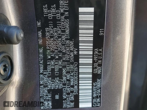 2012 Toyota Sienna SE with VIN 5TDXK3DC0CS239743, listed as a Copart auction lot 49504855 with 113,160 mi miles and Salvage title. Bid and sale history available at DreamBid. Image 13.