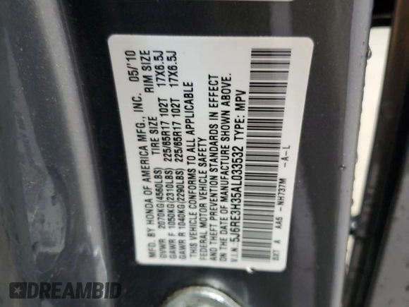 2010 Honda CR-V LX with VIN 5J6RE3H35AL033532, listed as a Copart auction lot 58462075 with 88,188 mi miles and Salvage title. Bid and sale history available at DreamBid. Image 13.