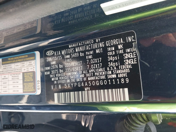 2016 Kia Sorento LX with VIN 5XYPG4A50GG011189, listed as a IAAI auction lot 39441270 with 216,890 mi miles. Bid and sale history available at carsss.com. Image 9.