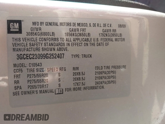 2009 Chevrolet Silverado 1500 LT with VIN 3GCEC23099G252407, listed as a IAAI auction lot 41754180 with 188,319 mi miles. Bid and sale history available at carsss.com. Image 9.
