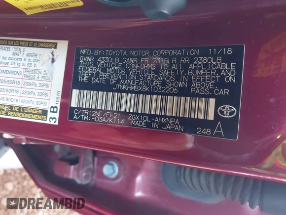 2019 Toyota C-HR XLE with VIN JTNKHMBX8K1032206, listed as a IAAI auction lot 41852134 with 136,107 mi miles. Bid and sale history available at carsss.com. Image 9.