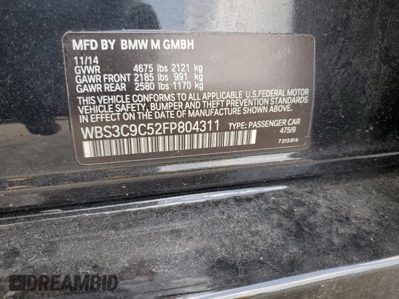 2015 BMW M3 with VIN WBS3C9C52FP804311, listed as a Copart auction lot 58185433 with 62,541 mi miles. Bid and sale history available at carsss.com. Image 12.