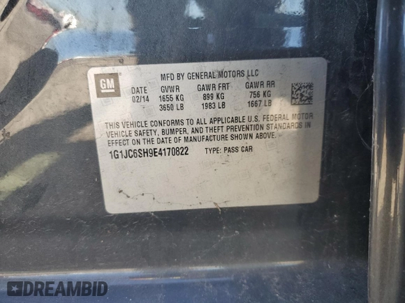 2014 Chevrolet Sonic LT with VIN 1G1JC6SH9E4170822, listed as a Copart auction lot 58460254 with 158,792 mi miles and Salvage Title. Bid and sale history available at carsss.com. Image 12.