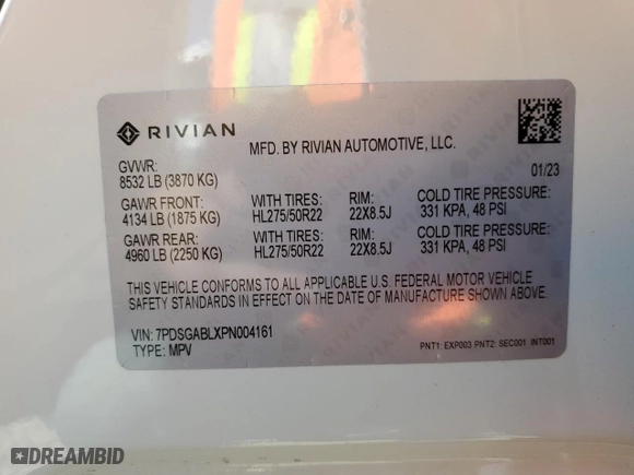2023 Rivian R1S Launch Edition with VIN 7PDSGABLXPN004161, listed as a Copart auction lot 67390954 with 0 mi miles and Salvage Title. Bid and sale history available at carsss.com. Image 12.