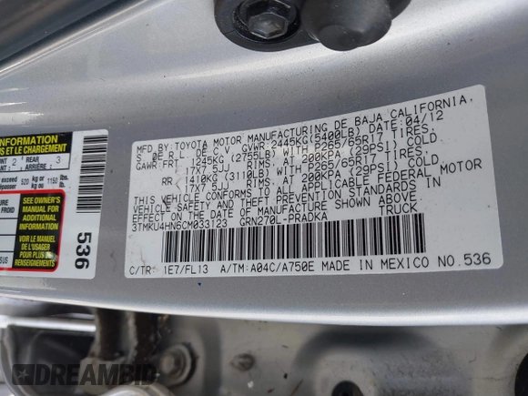 2012 Toyota Tacoma PreRunner with VIN 3TMKU4HN6CM033123, listed as a IAAI auction lot 41478582 with 89,479 mi miles and . Bid and sale history available at DreamBid. Image 9.
