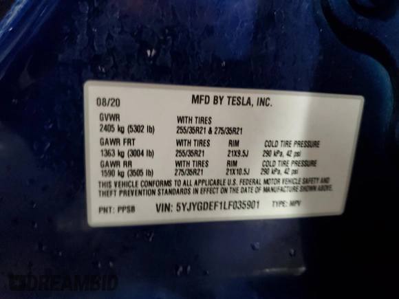 2020 Tesla Model Y Long Range with VIN 5YJYGDEF1LF035901, listed as a Copart auction lot 51004695 with 134,610 mi miles and Salvage Title. Bid and sale history available at DreamBid. Image 14.