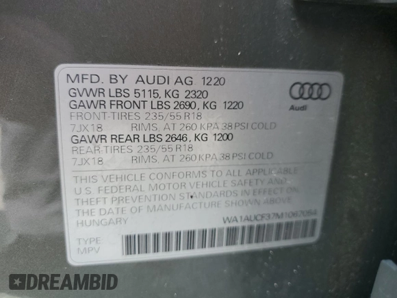 2021 Audi Q3 Premium with VIN WA1AUCF37M1067054, listed as a Copart auction lot 57299815 with 67,334 mi miles and Salvage title. Bid and sale history available at DreamBid. Image 13.