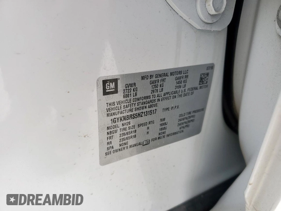 2017 Cadillac XT5 Luxury FWD with VIN 1GYKNBRS5HZ131517, listed as a Copart auction lot 60605595 with 130,522 mi miles and Clean title. Bid and sale history available at DreamBid. Image 13.