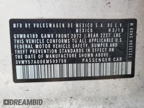 2019 Volkswagen Golf S z VIN 3VWY57AU0KM509758, wystawiony jako Copart lot #55099405 z przebiegiem 112 119 mil mil oraz Szkoda całkowita • Salvage title. Historia ofert i sprzedaży dostępna na DreamBid. Obrazek 14.