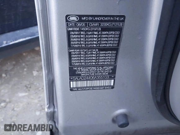 2006 Land Rover LR3 with VIN SALAD24406A355103, listed as a IAAI auction lot 41359731 with 213,551 mi miles and . Bid and sale history available at DreamBid. Image 9.
