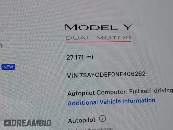 2022 Tesla Model Y Performance with VIN 7SAYGDEF0NF406262, listed as a IAAI auction lot 41132514 with 27,171 mi miles. Bid and sale history available at carsss.com. Image 16.