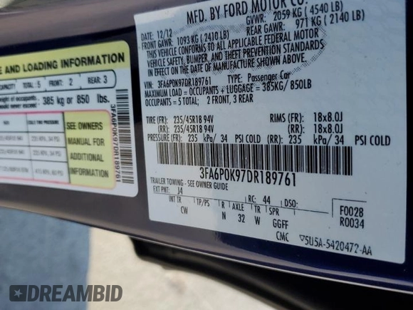 2013 Ford Fusion Titanium with VIN 3FA6P0K97DR189761, listed as a Copart auction lot 48876465 with 147,038 mi miles and Salvage Title. Bid and sale history available at carsss.com. Image 14.