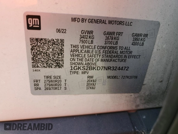 2022 GMC Yukon SLT with VIN 1GKS2BKD7NR324472, listed as a Copart auction lot 49666315 with 0 mi miles and Non Repairable. Bid and sale history available at carsss.com. Image 13.