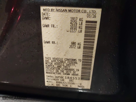 2016 Nissan Altima 2.5 SL with VIN 1N4AL3AP5GC184553, listed as a IAAI auction lot 41265365 with 90,890 mi miles. Bid and sale history available at carsss.com. Image 9.