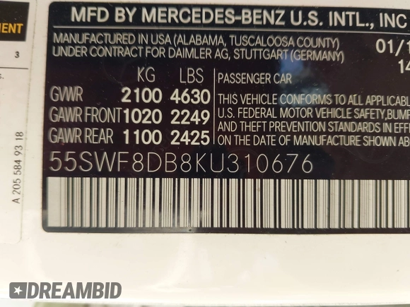 2019 Mercedes-Benz C 300 with VIN 55SWF8DB8KU310676, listed as a IAAI auction lot 41932900 with 37,800 mi miles and . Bid and sale history available at DreamBid. Image 9.