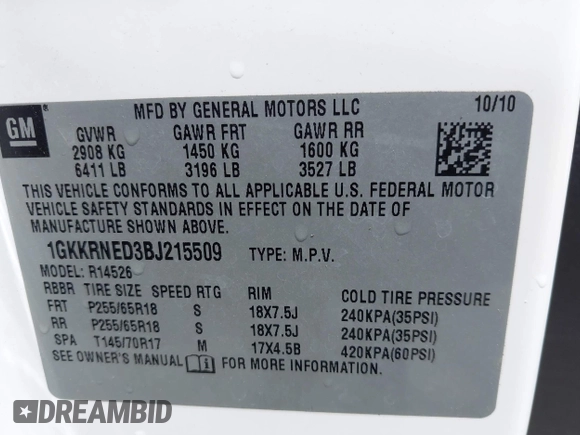 2011 GMC Acadia SL z VIN 1GKKRNED3BJ215509, wystawiony jako IAAI lot #42413674 z przebiegiem 96 524 mil mil oraz . Historia ofert i sprzedaży dostępna na DreamBid. Obrazek 9.