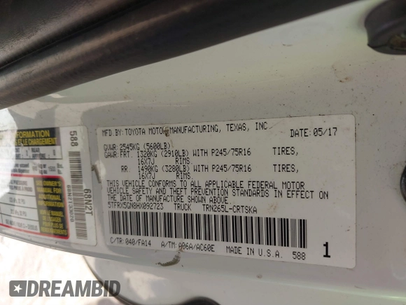 2017 Toyota Tacoma SR z VIN 5TFRX5GN8HX092723, wystawiony jako IAAI lot #41862331 z przebiegiem 114 772 mil mil oraz . Historia ofert i sprzedaży dostępna na DreamBid. Obrazek 9.