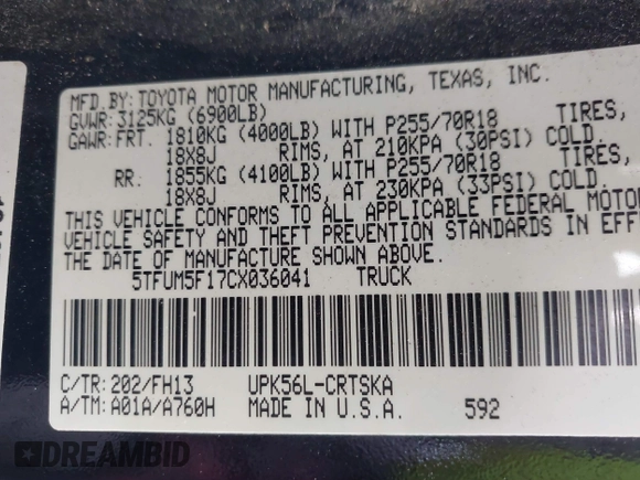 2012 Toyota Tundra с VIN 5TFUM5F17CX036041, выставлен на аукционе IAAI как лот 41782453 с пробегом 183 839 миль миль и . История ставок и продаж доступна на DreamBid. Изображение 9.