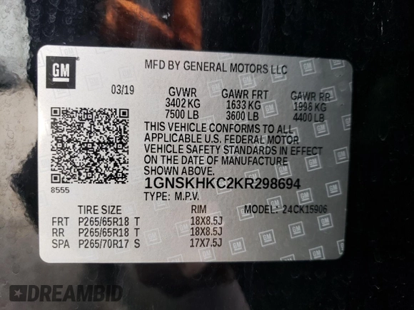 2019 Chevrolet Suburban LT with VIN 1GNSKHKC2KR298694, listed as a Copart auction lot 49498855 with 252,062 mi miles and Non Repairable. Bid and sale history available at DreamBid. Image 13.