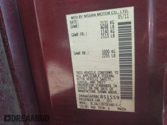 2011 Nissan Maxima S with VIN 1N4AA5AP8BC851559, listed as a IAAI auction lot 42534444 with 222,289 mi miles and . Bid and sale history available at DreamBid. Image 9.