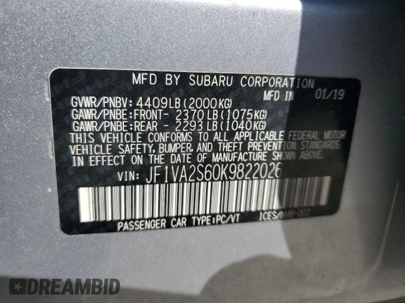 2019 Subaru WRX STI with VIN JF1VA2S60K9822026, listed as a Copart auction lot 46586535 with 52,828 mi miles and Salvage Title. Bid and sale history available at carsss.com. Image 13.