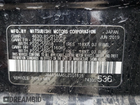 2020 Mitsubishi Eclipse Cross LE with VIN JA4AS4AA5LZ001815, listed as a Copart auction lot 42237465 with 98,998 mi miles and Salvage title. Bid and sale history available at DreamBid. Image 15.