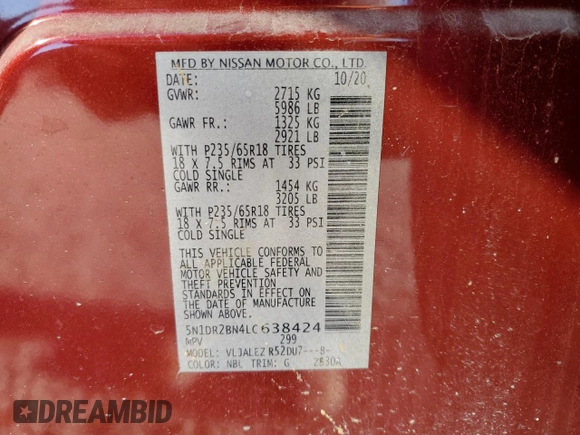 2020 Nissan Pathfinder SV with VIN 5N1DR2BN4LC638424, listed as a Copart auction lot 49483865 with 55,657 mi miles and Non Repairable. Bid and sale history available at carsss.com. Image 15.