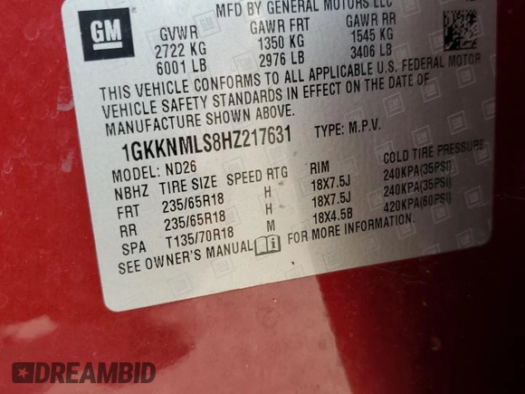 2017 GMC Acadia SLT with VIN 1GKKNMLS8HZ217631, listed as a Copart auction lot 58888925 with Not provided miles and Salvage title. Bid and sale history available at DreamBid. Image 12.