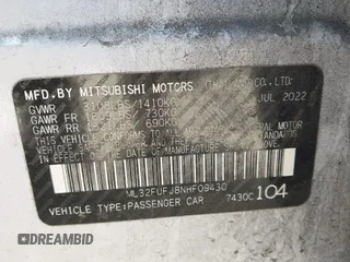 2022 Mitsubishi Mirage ES with VIN ML32FUFJ8NHF09430, listed as a IAAI auction lot 41618700 with 43,519 mi miles and . Bid and sale history available at DreamBid. Image 9.